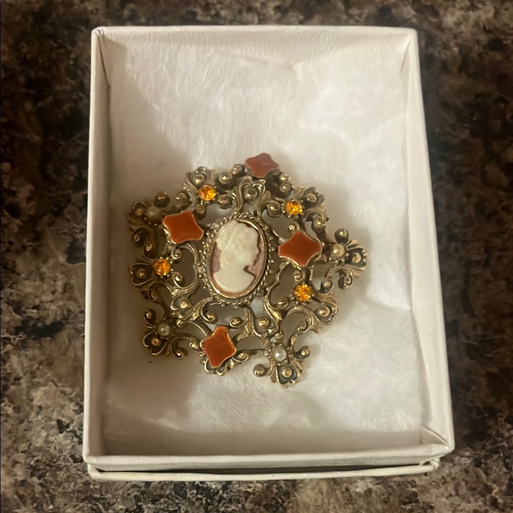 Vintage Cameo Brooch with Gold and Orange Accents